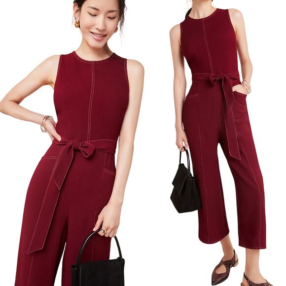 Anthropologie Greylin Colleen Jumpsuit Wide Leg Crop Belted Sleeveless Maroon S - Picture 1 of 9
